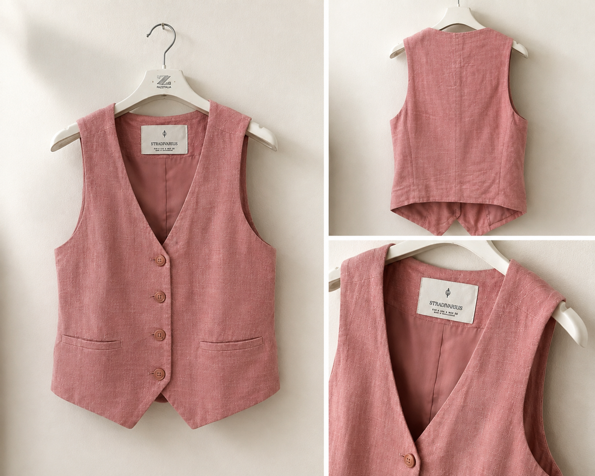 Gilet rosa in lino con bottoni e tasche