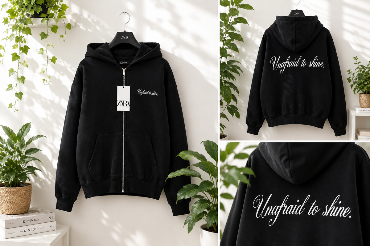 Zara Hoodie Nera “Unfraid to Shine” – Zip Frontale