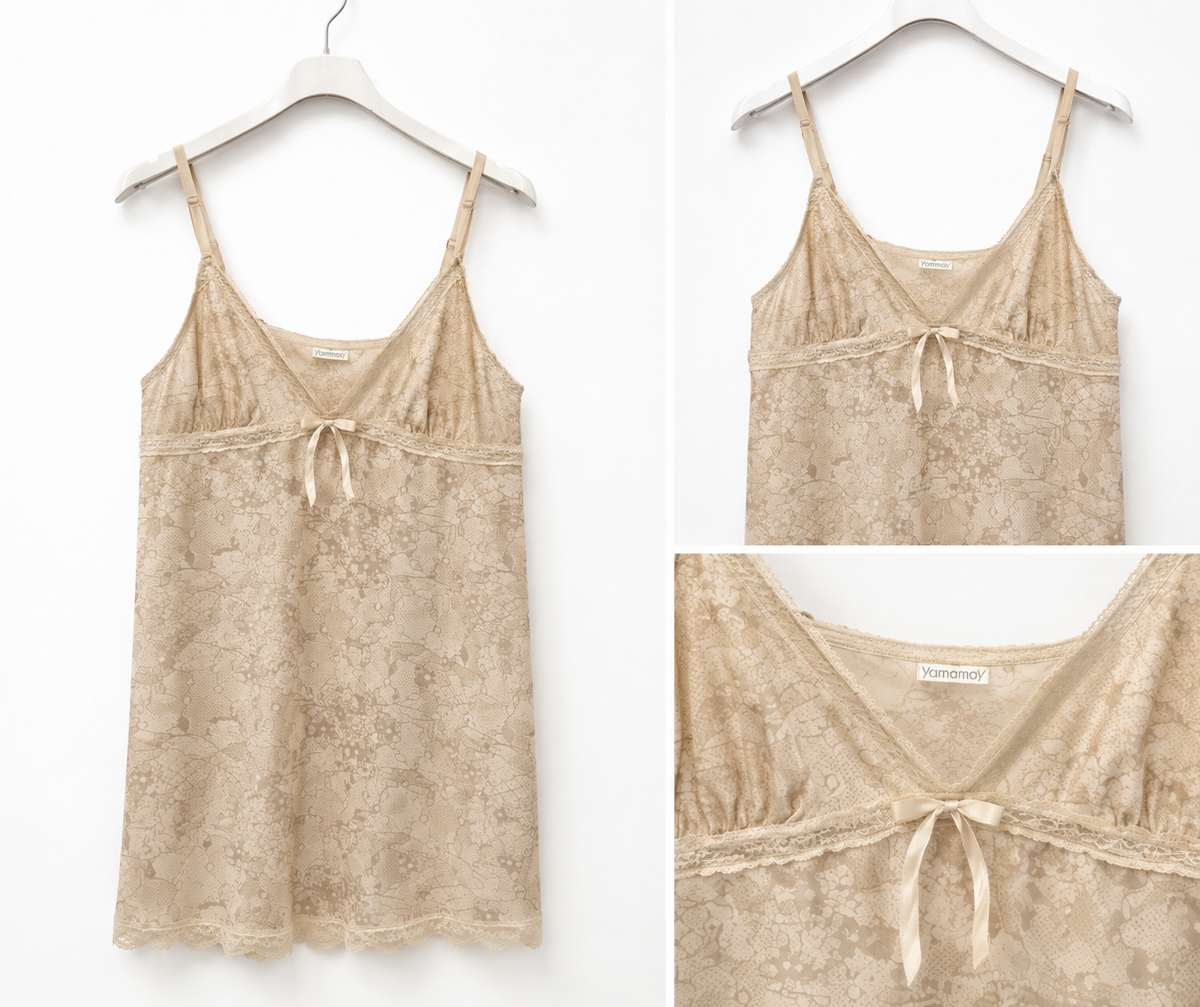 Vestito lungo beige effetto lino con spalline e fiocco