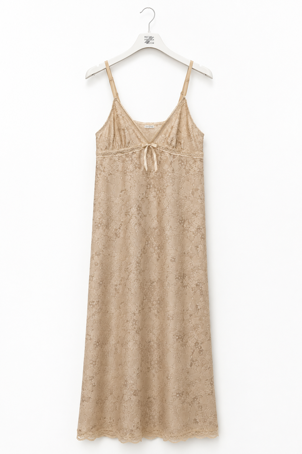 Vestito lungo beige effetto lino con spalline e fiocco