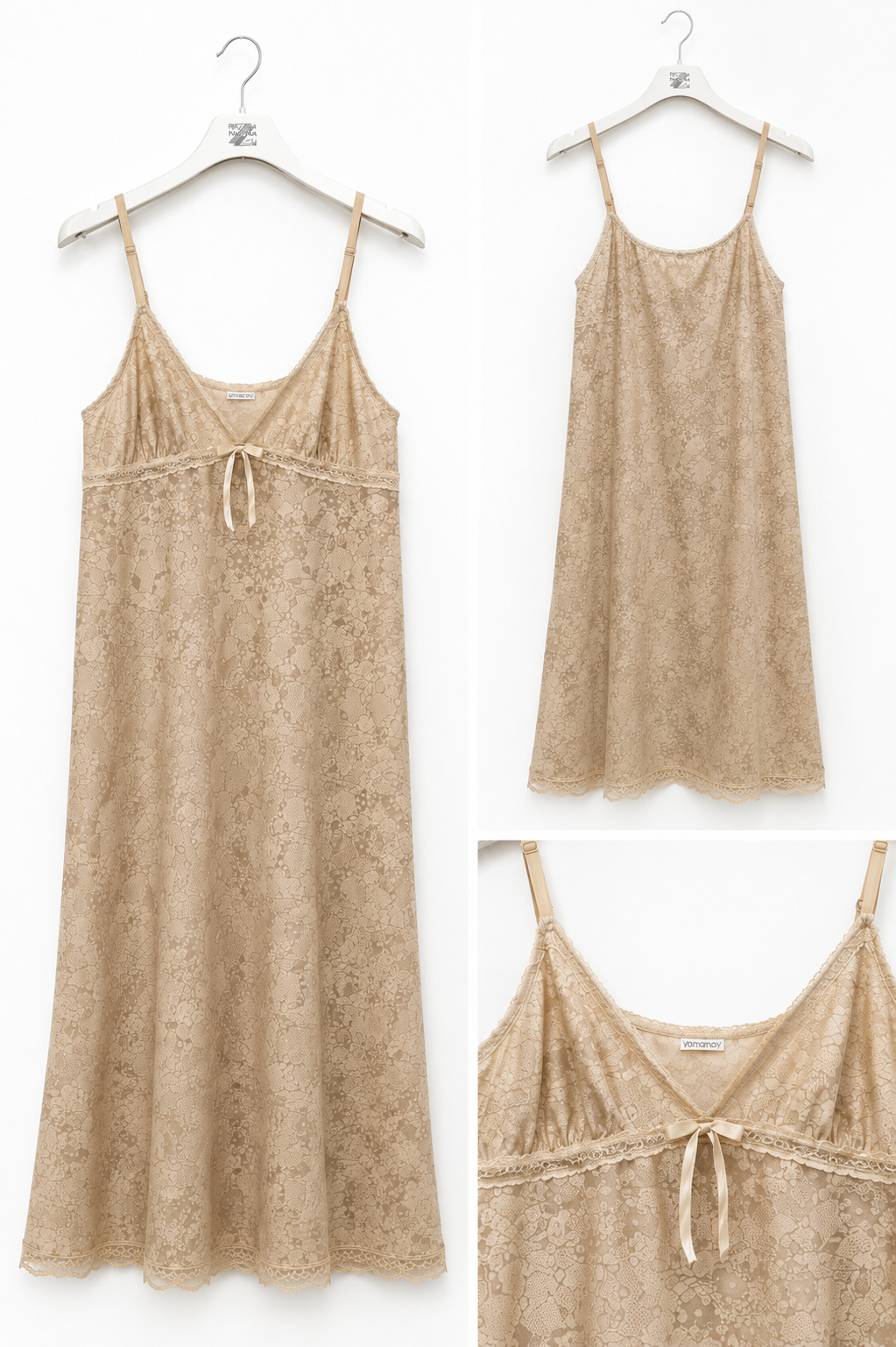 Vestito lungo beige effetto lino con spalline e fiocco