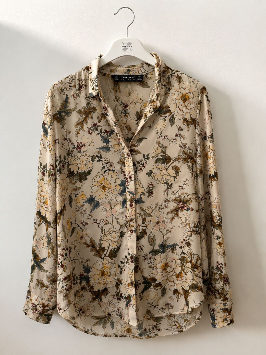 Camicia floreale vintage beige a maniche lunghe