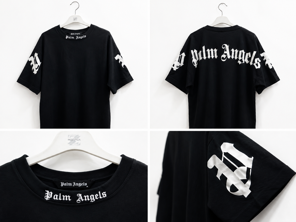 Palm Angels T-Shirt Nera Logo Bianco