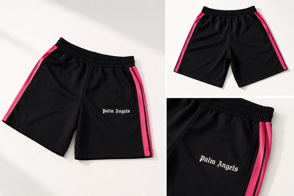 Palm Angels Shorts Neri con Bande Rosa – Unisex