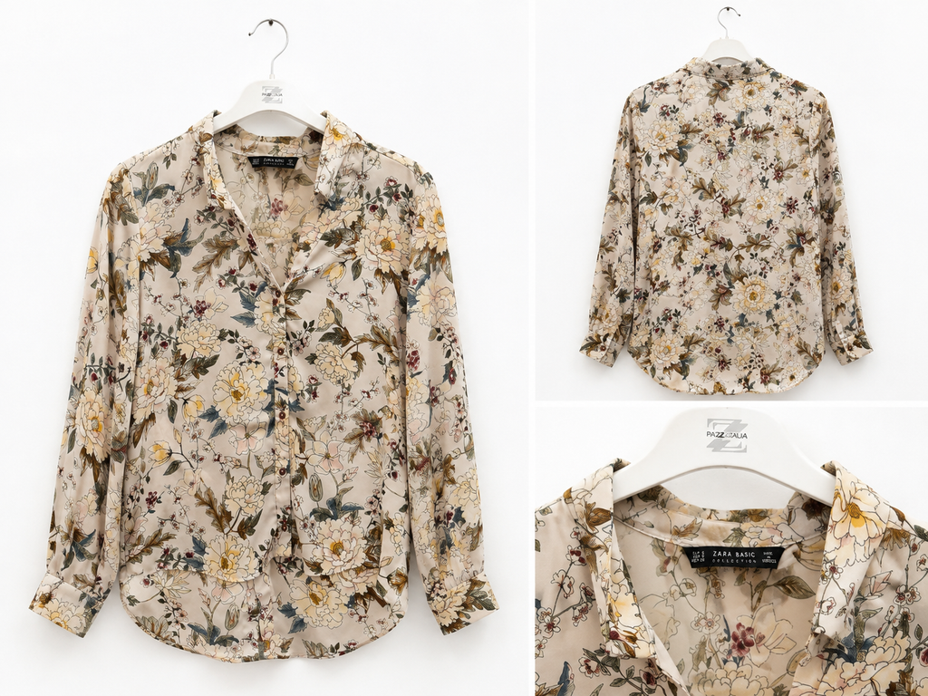 Camicia floreale vintage beige a maniche lunghe
