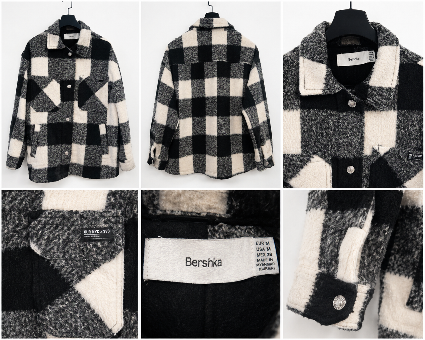 Bershka Giacca/Camicia Teddy a Quadri – Taglia M – Bianco, Nero e Grigio