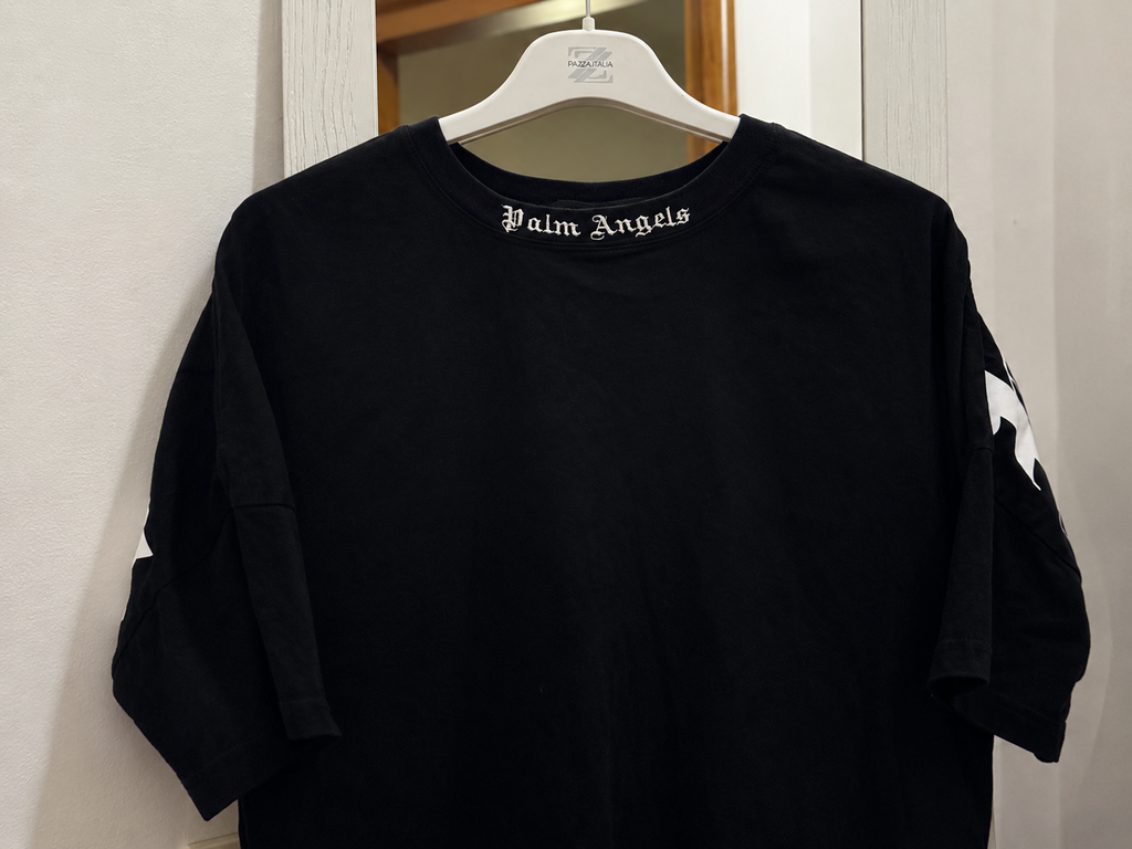 Palm Angels T-Shirt Nera Logo Bianco