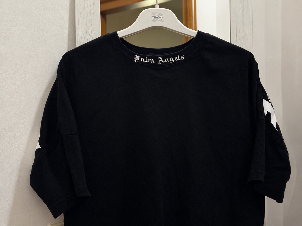 Palm Angels T-Shirt Nera Logo Bianco